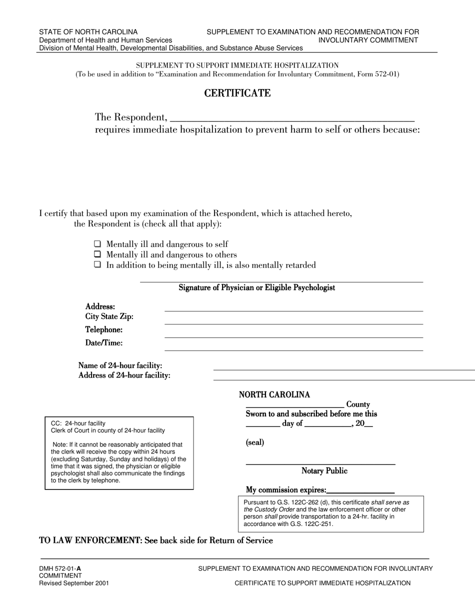 Form DMH572-01-A Emergency Certificate - North Carolina, Page 1