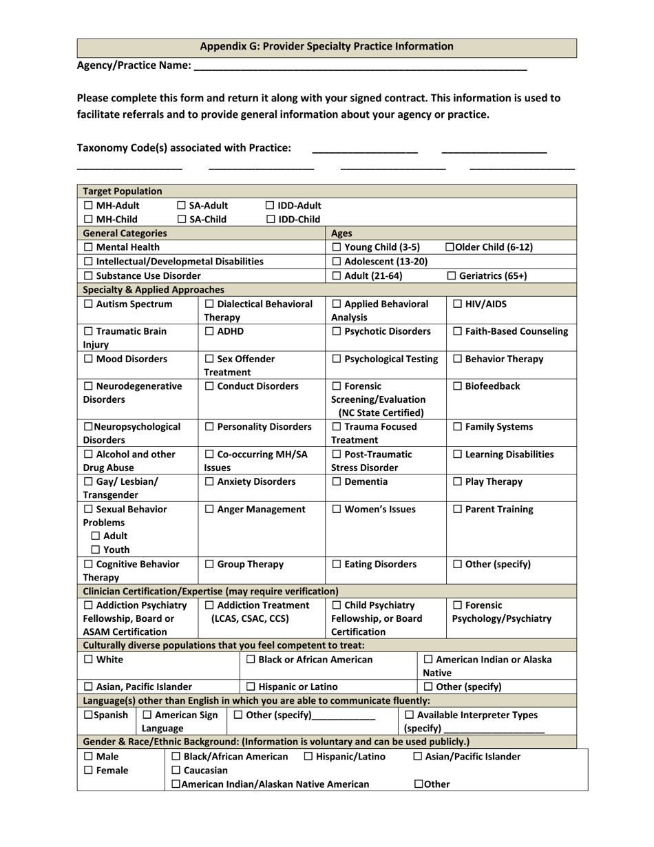 North Carolina Provider Specialty Practice Information Form - Fill Out ...