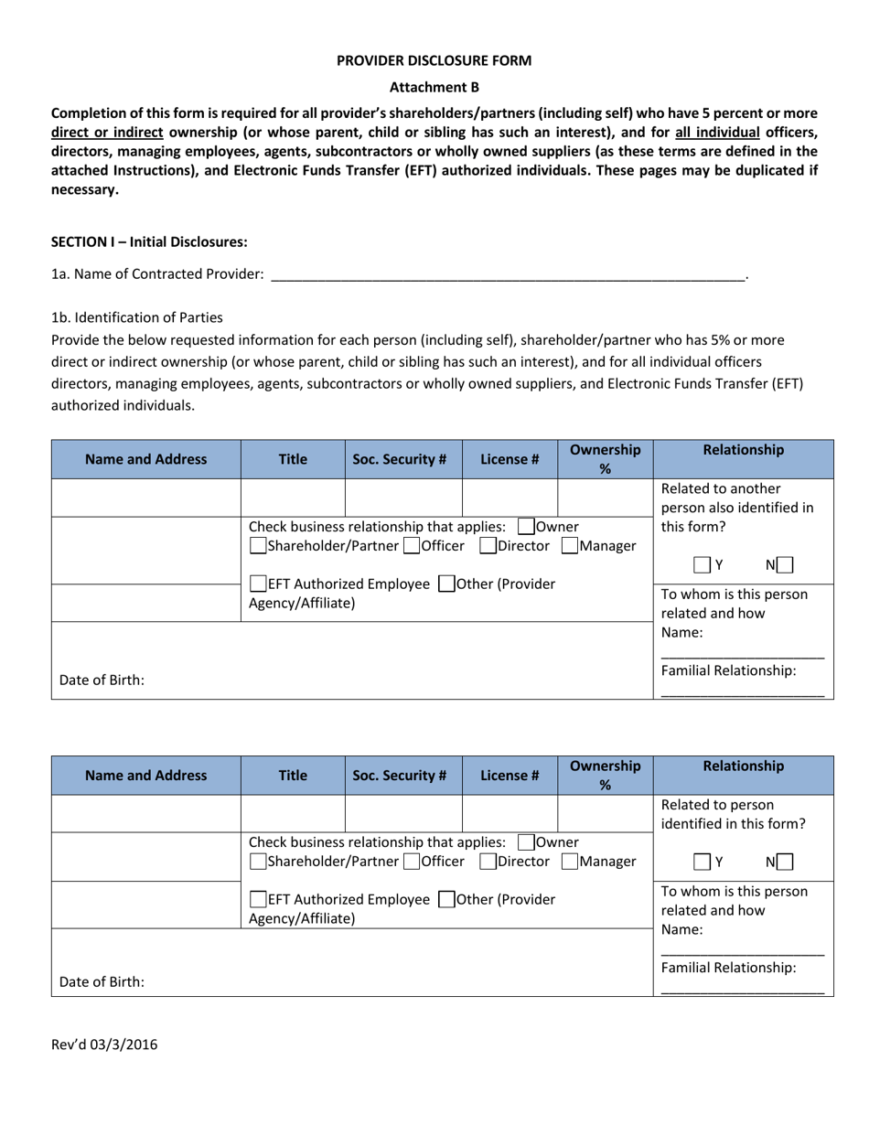 Attachment B Provider Disclosure Form - North Carolina, Page 1