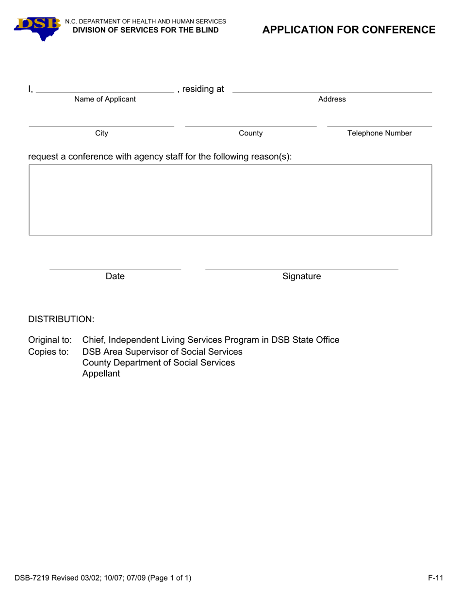 Form DSB-7219 Application for Conference - North Carolina, Page 1