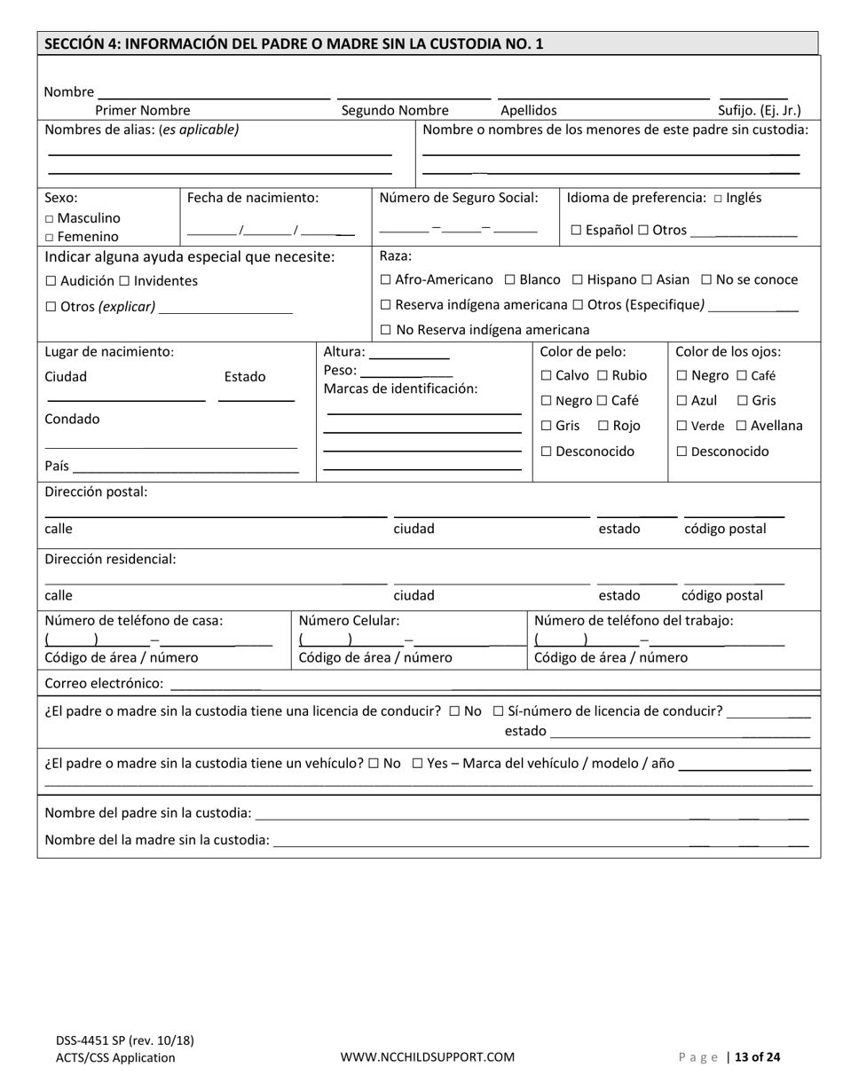 Formulario DSS-4451 Solicitud De Servicios De Sustento De Menores - North Carolina (Spanish), Page 13