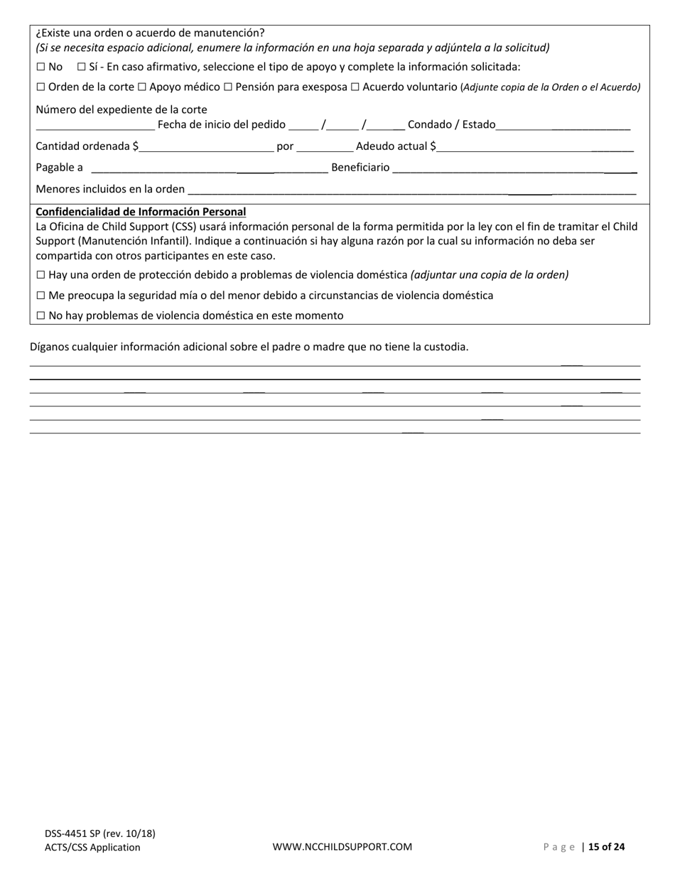 Formulario DSS-4451 Solicitud De Servicios De Sustento De Menores - North Carolina (Spanish), Page 15