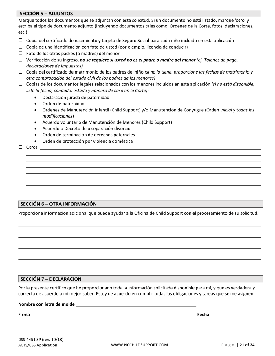 Formulario DSS-4451 Solicitud De Servicios De Sustento De Menores - North Carolina (Spanish), Page 21