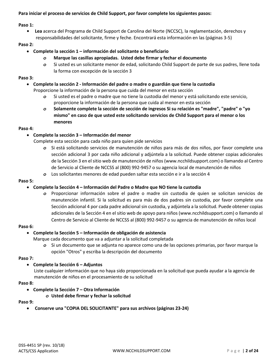 Formulario DSS-4451 Solicitud De Servicios De Sustento De Menores - North Carolina (Spanish), Page 2