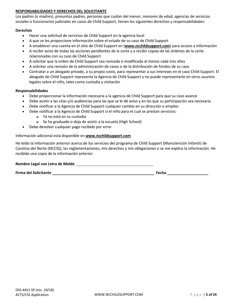 Formulario DSS-4451 Solicitud De Servicios De Sustento De Menores - North Carolina (Spanish), Page 5