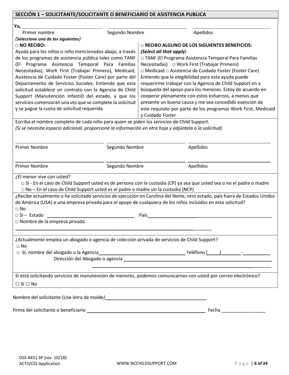 Formulario DSS-4451 Solicitud De Servicios De Sustento De Menores - North Carolina (Spanish), Page 6