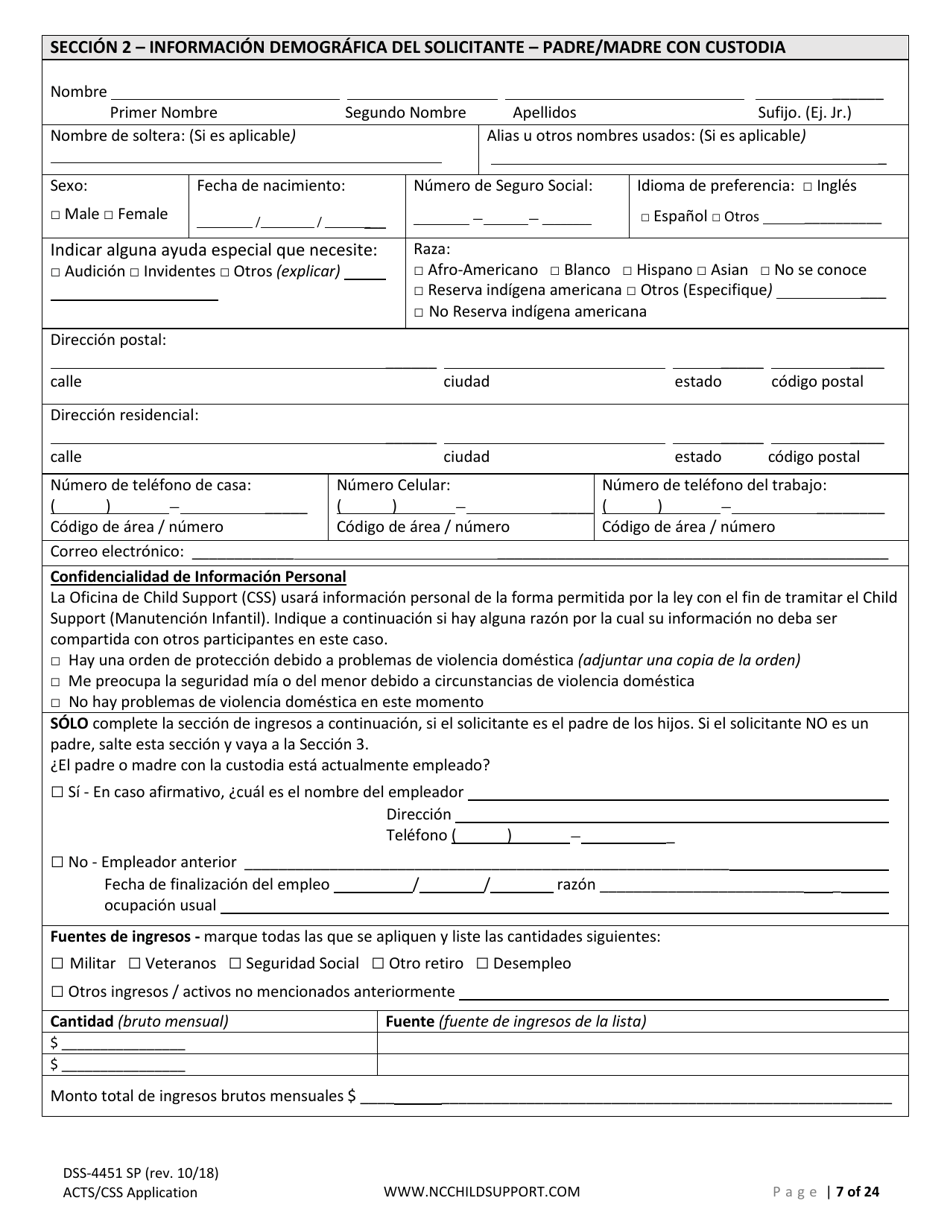 Formulario DSS-4451 Solicitud De Servicios De Sustento De Menores - North Carolina (Spanish), Page 7