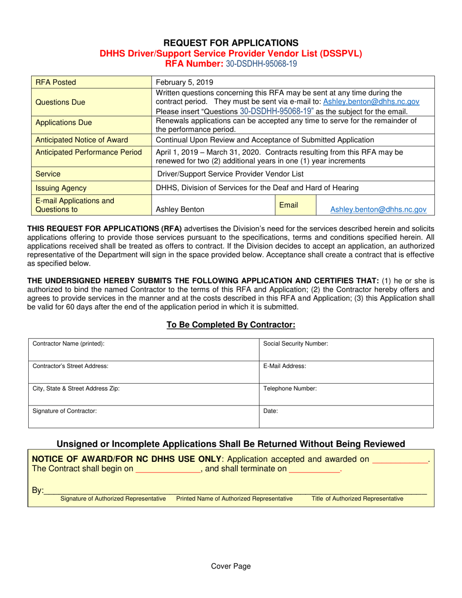 Request for Applications - Dhhs Driver / Support Service Provider Vendor List (Dsspvl) - North Carolina, Page 1