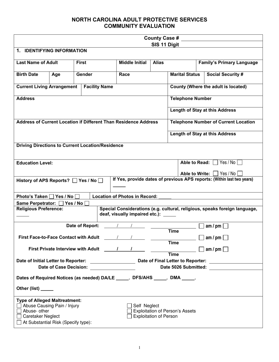 Community Evaluation Form - Adult Protective Services - North Carolina, Page 1