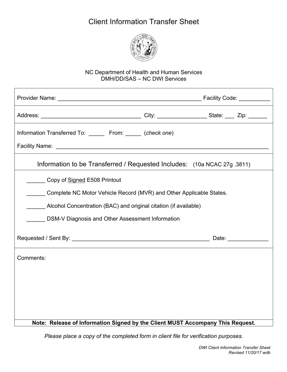 North Carolina Client Information Transfer Sheet - Fill Out, Sign ...