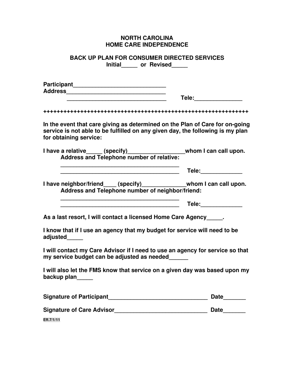 Back up Plan for Consumer Directed Services - North Carolina, Page 1