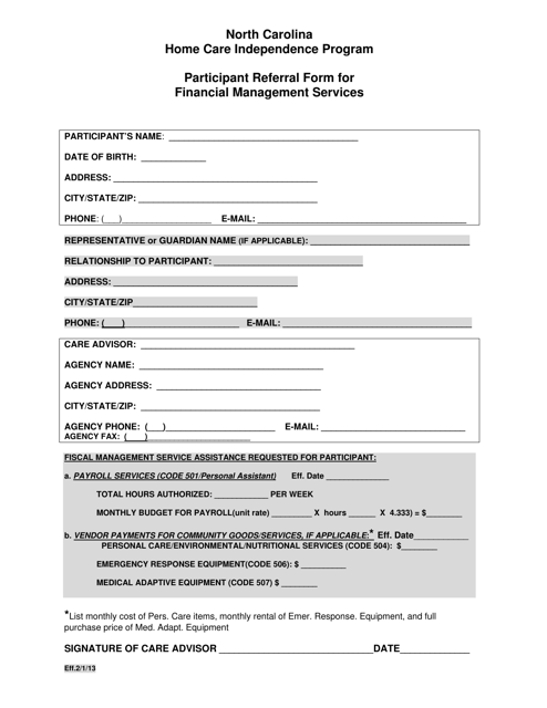 Participant Referral Form for Financial Management Services - North Carolina Download Pdf