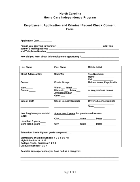 North Carolina Employment Application and Criminal Record Check Consent Form  Download Printable PDF | Templateroller