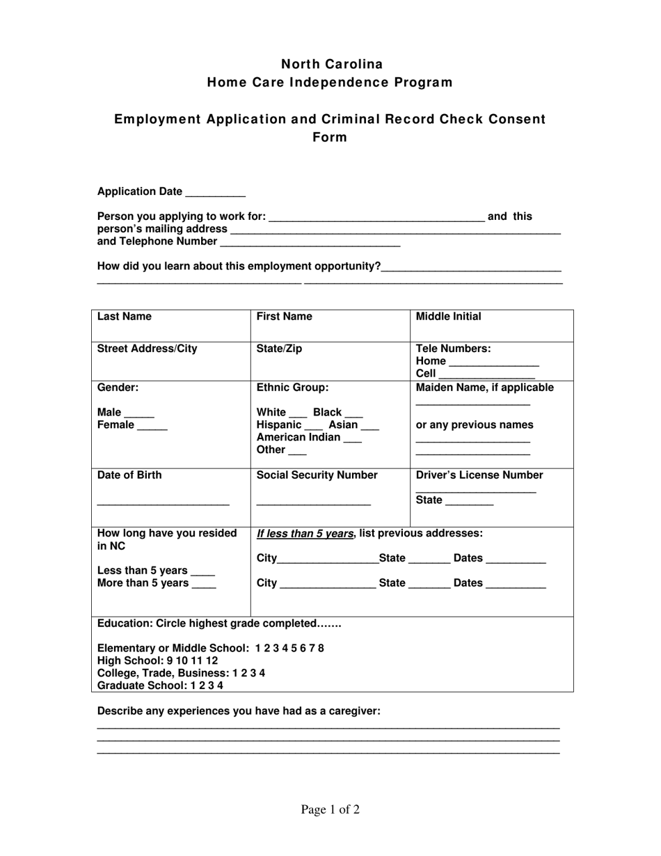 Employment Application and Criminal Record Check Consent Form - North Carolina, Page 1