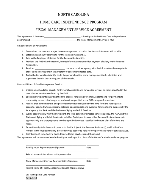 Fiscal Management Service Agreement Form - North Carolina Download Pdf