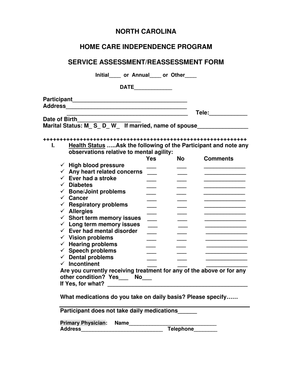 Service Assessment / Reassessment Form - North Carolina, Page 1