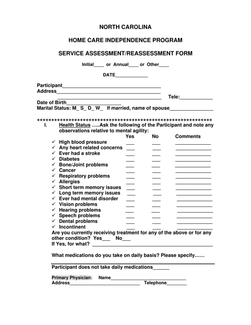 Service Assessment / Reassessment Form - North Carolina Download Pdf