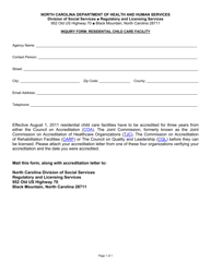 Document preview: Inquiry Form - Residential Child Care Facility - North Carolina