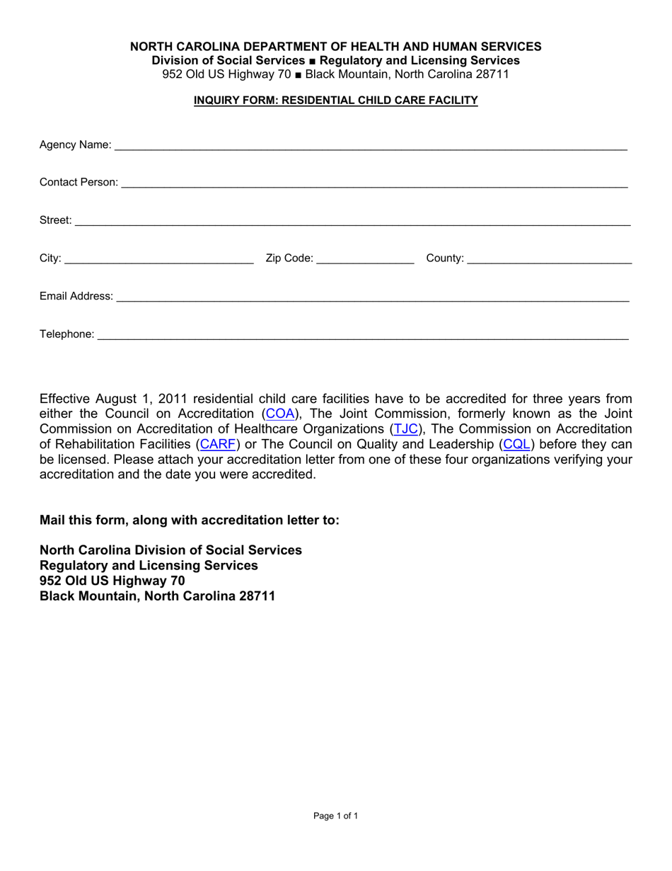Inquiry Form - Residential Child Care Facility - North Carolina, Page 1