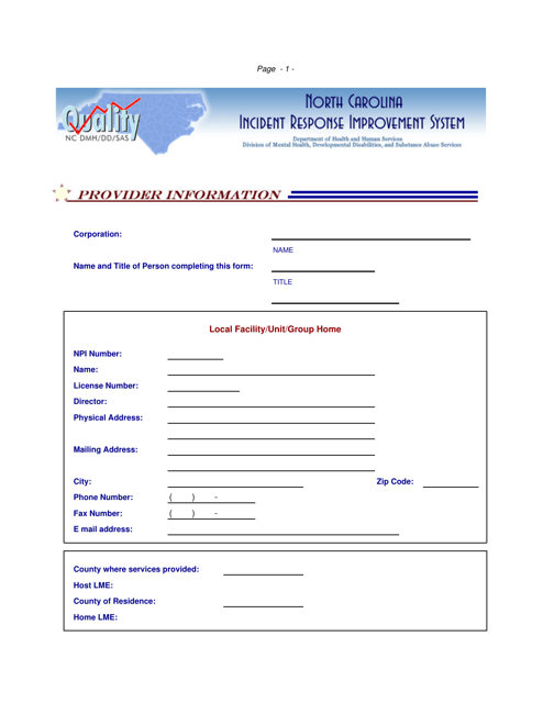 Injury Incident Report Form - Incident Response Improvement System - North Carolina Download Pdf