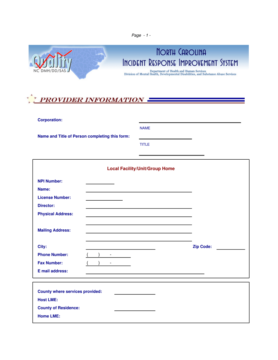 Injury Incident Report Form - Incident Response Improvement System - North Carolina, Page 1