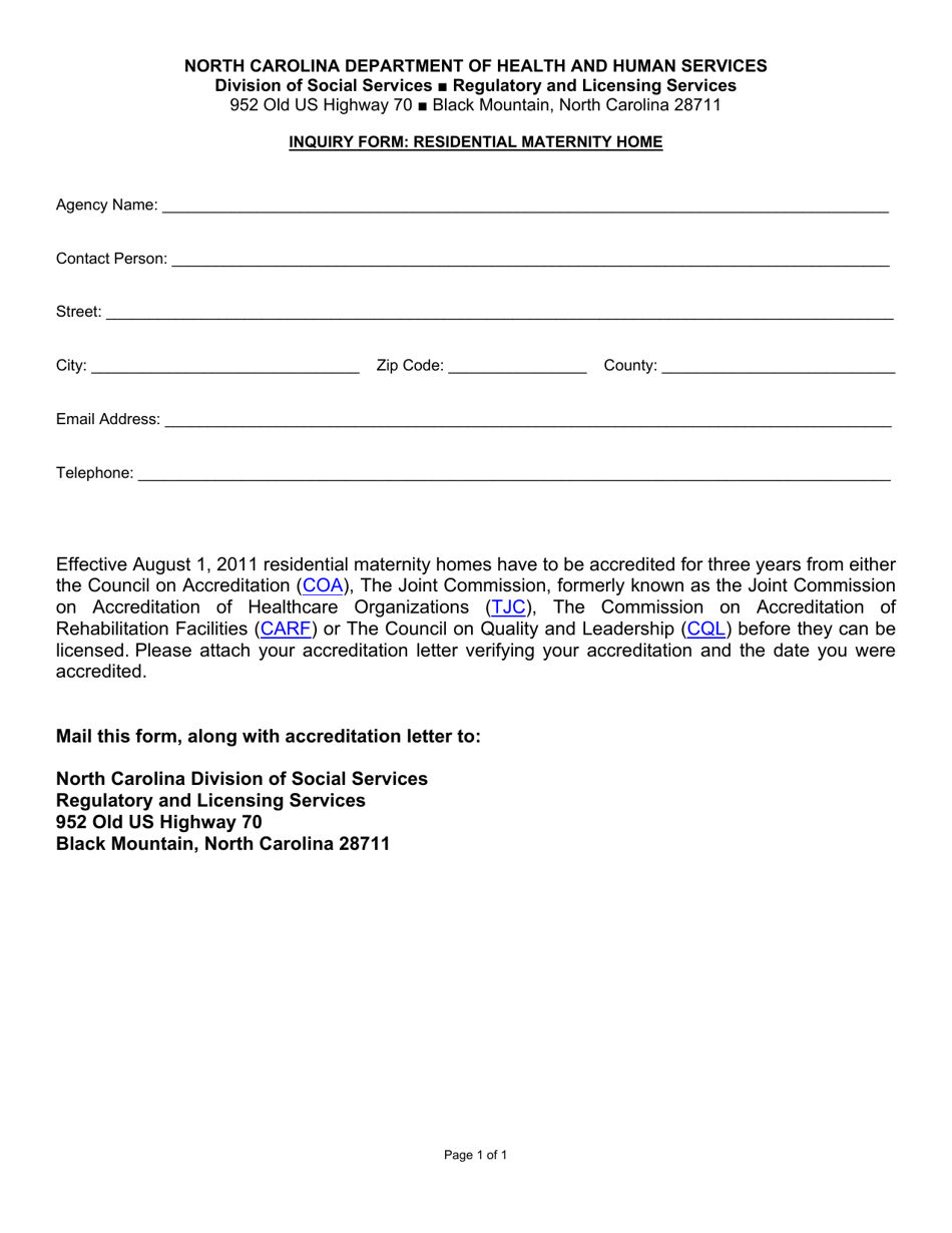 North Carolina Inquiry Form Residential Maternity Home Fill Out