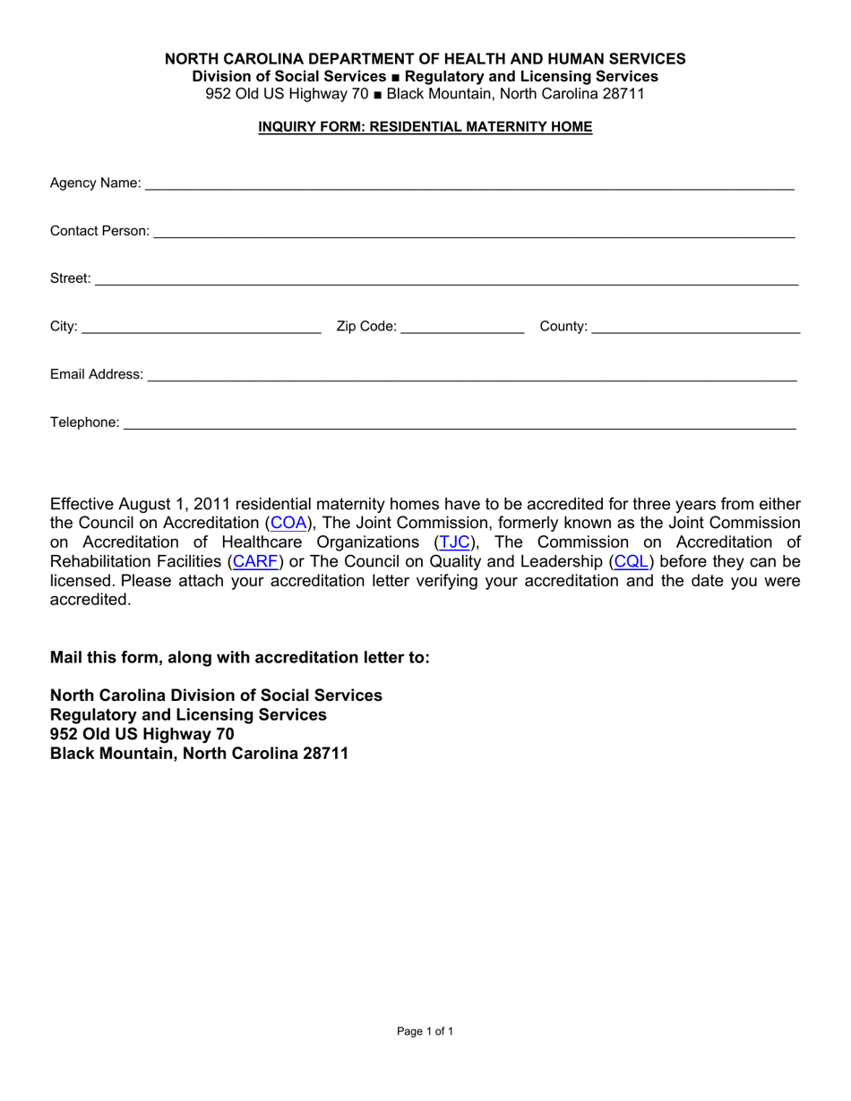 Inquiry Form - Residential Maternity Home - North Carolina, Page 1