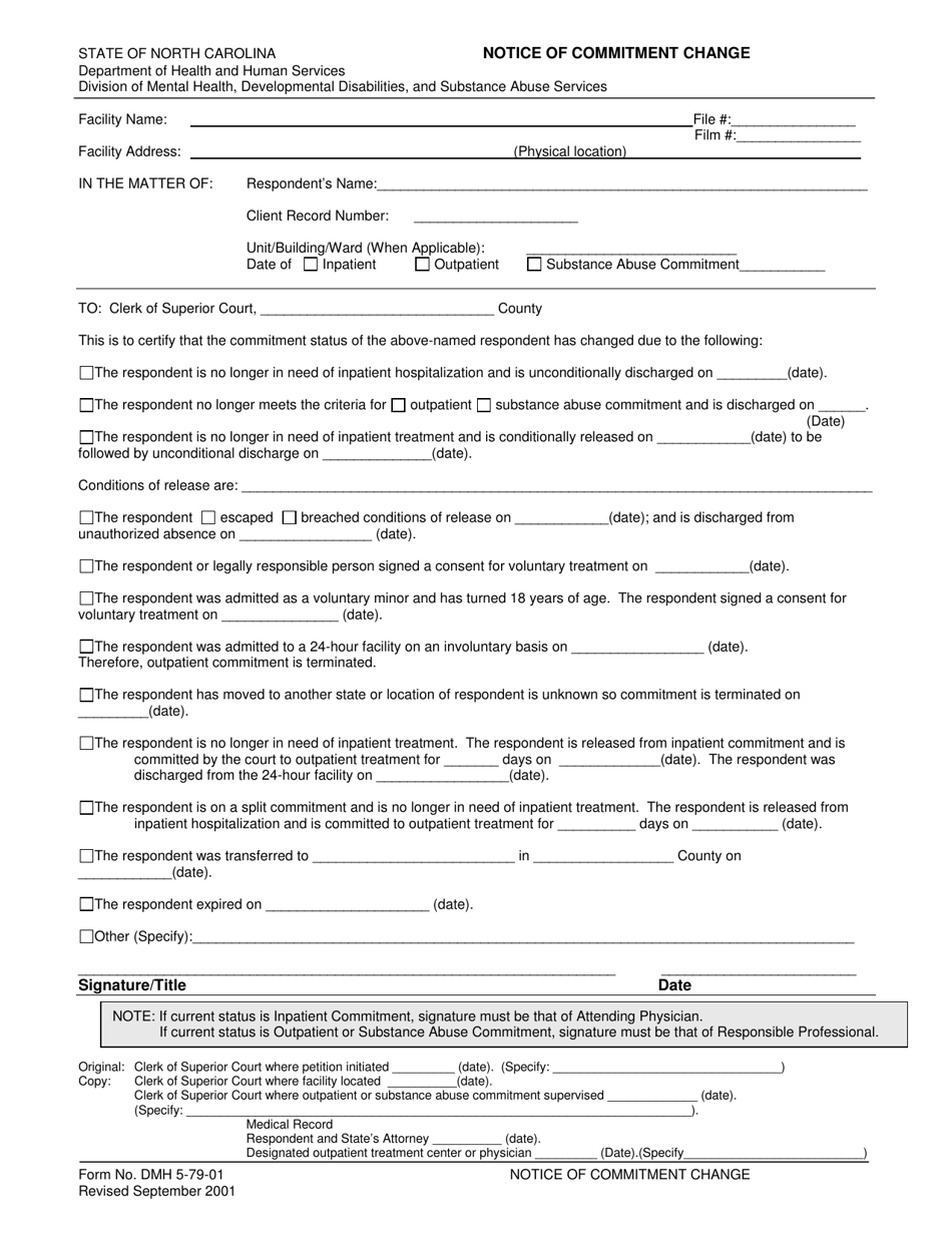 Form DMH5-79-01 Notice of Commitment Change - North Carolina, Page 1