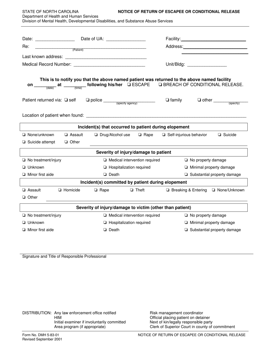 Form DMH5-83-01 Notice of Return of Escape or Conditional Release - North Carolina, Page 1