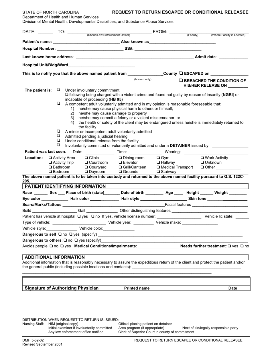 Form DMH-5-82-02 Request to Return Escapee or Conditional Releasee - North Carolina, Page 1