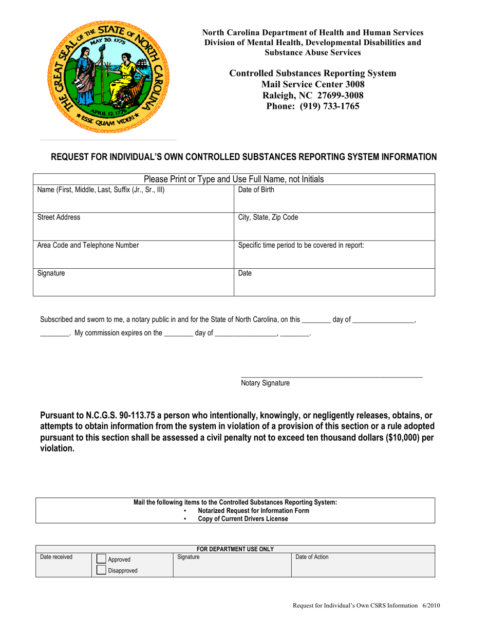 Request for Individuals Own Controlled Substances Reporting System Information - North Carolina, Page 1