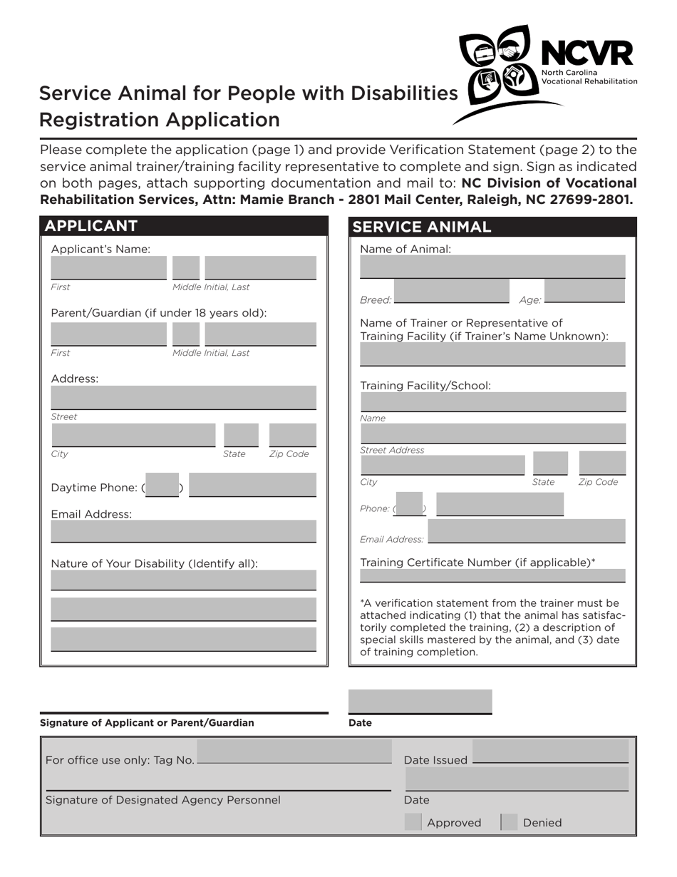 Service Animal for People With Disabilities Registration Application Form - North Carolina, Page 1