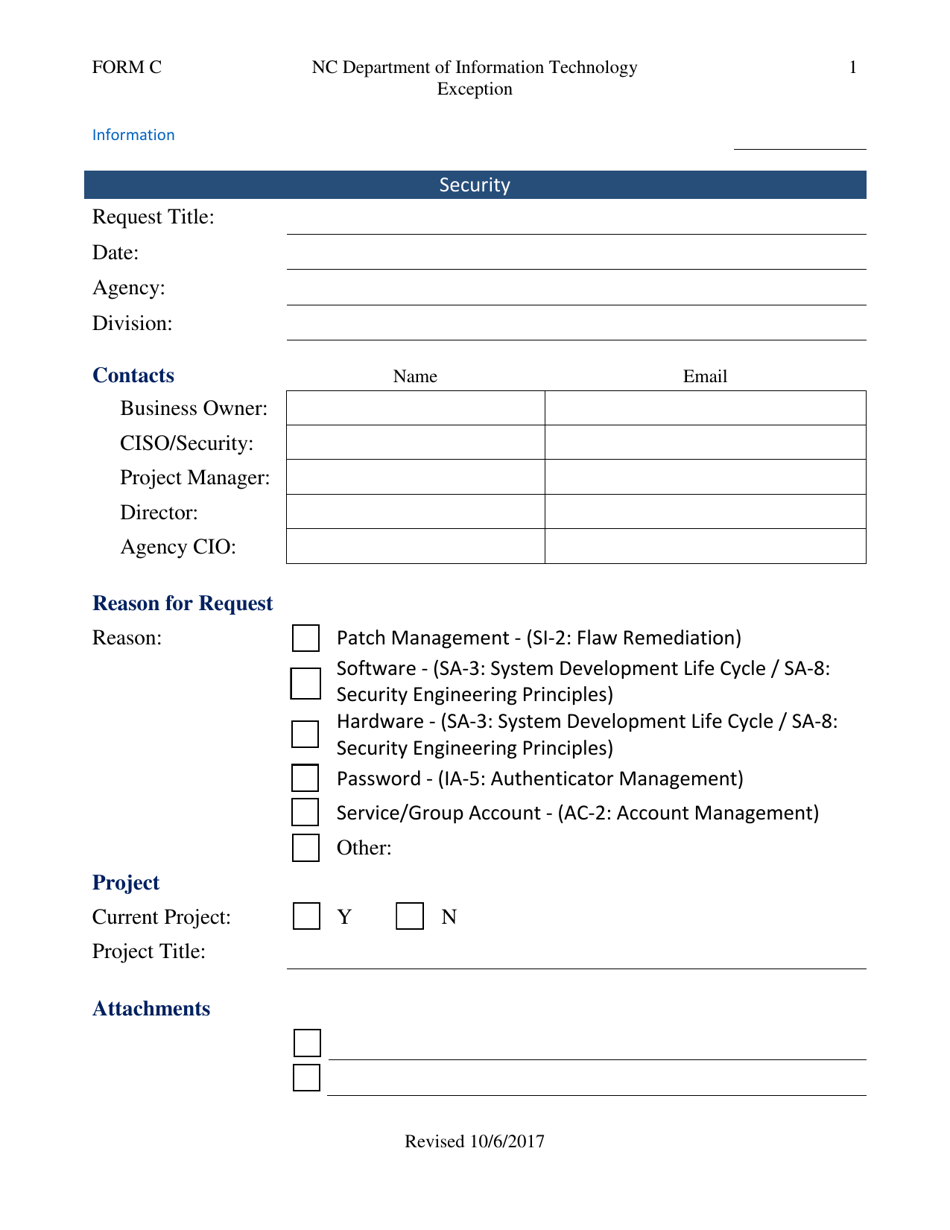 Form C Exception to Security - North Carolina, Page 1
