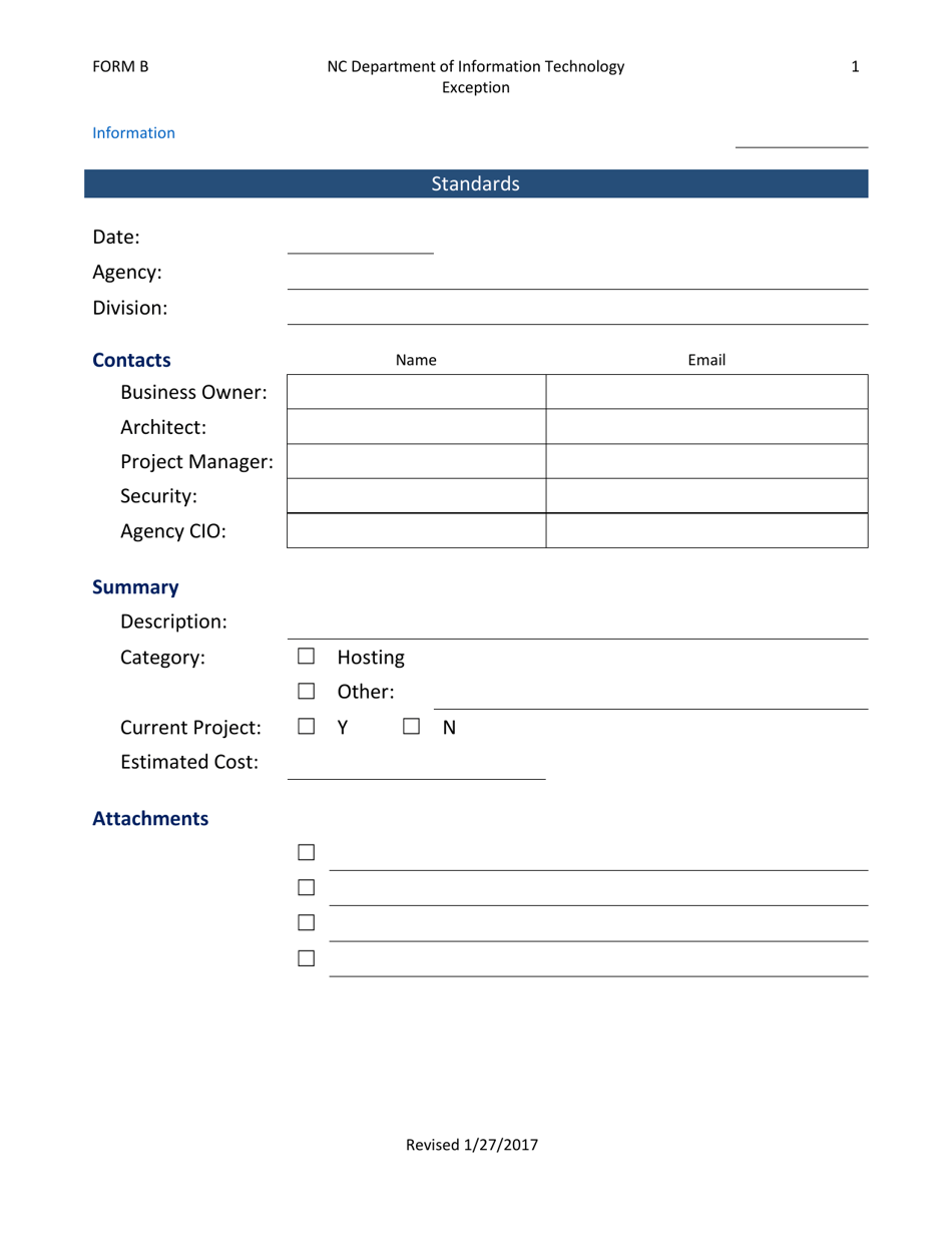 Form B Exception to Standards - North Carolina, Page 1