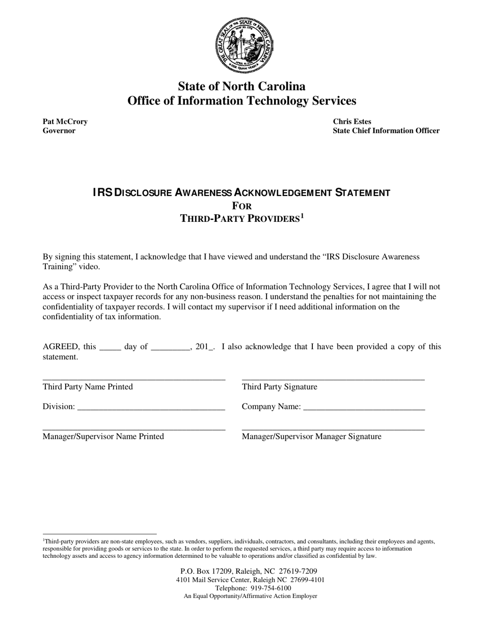 IRS Disclosure Awareness Acknowledgement Statement for Third-Party Providers - North Carolina, Page 1