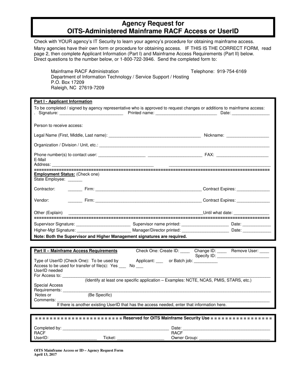 Agency Request for Oits-Administered Mainframe Racf Access or Userid - North Carolina, Page 1
