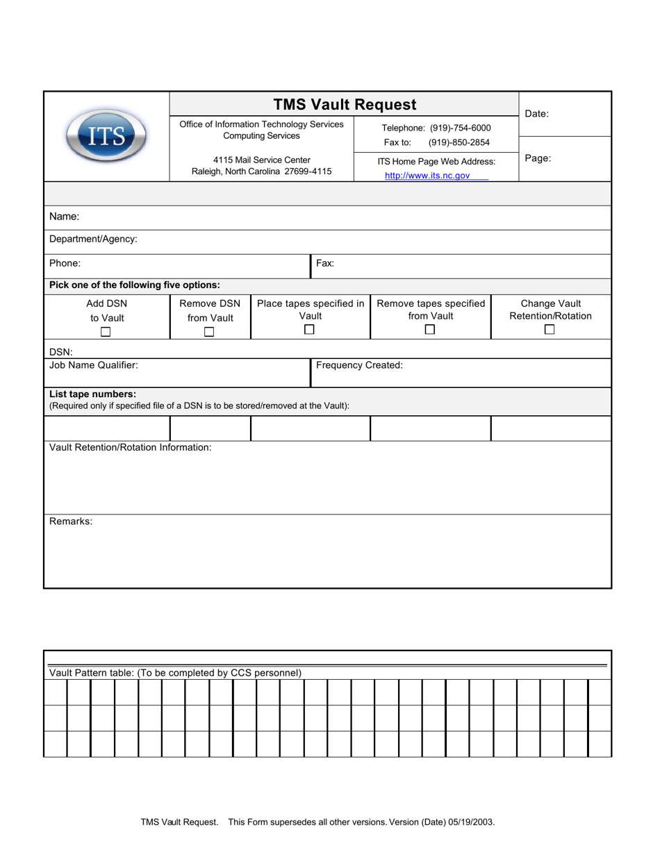 Tms Vault Request Form - North Carolina, Page 1