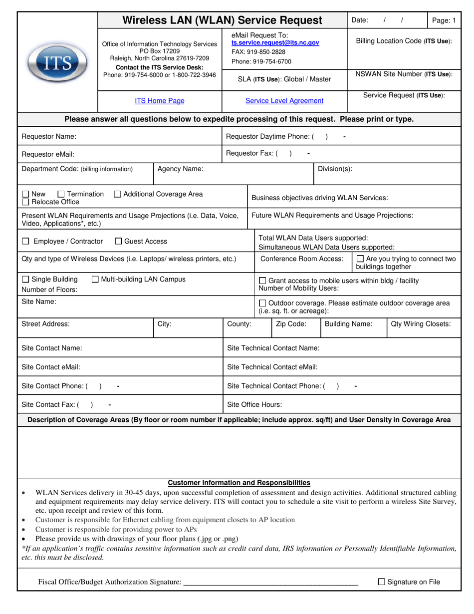 Wireless Lan (Wlan) Service Request Form - North Carolina, Page 1