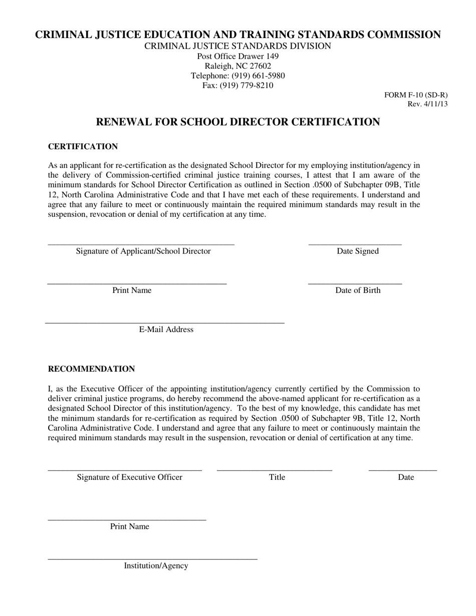 Form F-10(SD-R) Request for School Director Certification Renewal - North Carolina, Page 1