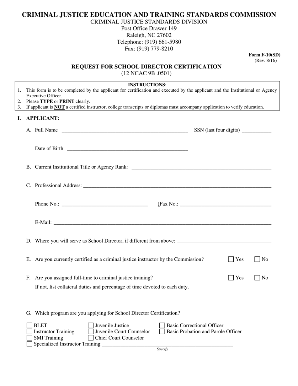 Form F-10(SD) Request for School Director Certification - North Carolina, Page 1