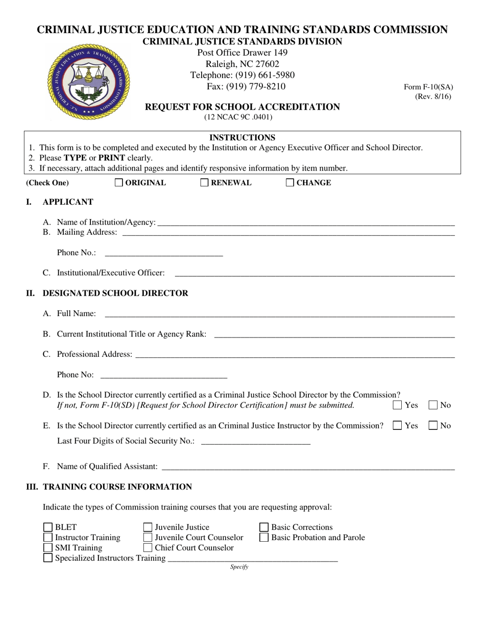 Form F-10(SA) Request for School Accreditation - North Carolina, Page 1
