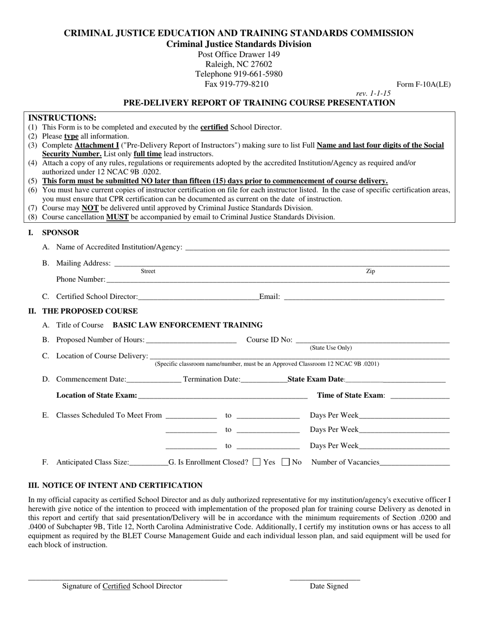 Form F-10A(LE) Pre-delivery Report of Training Course Presentation - North Carolina, Page 1