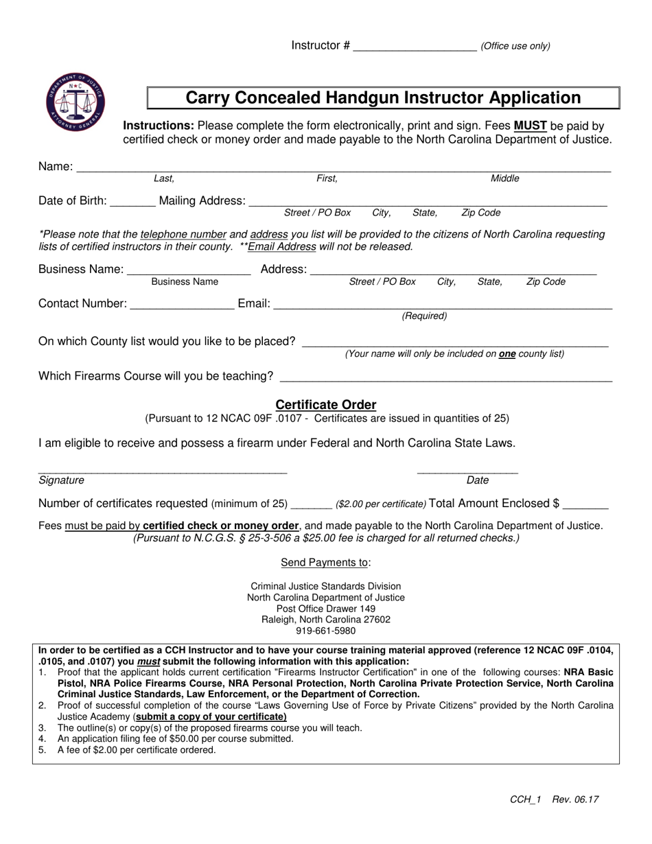Form CCH-1 Carry Concealed Handgun Instructor Application - North Carolina, Page 1