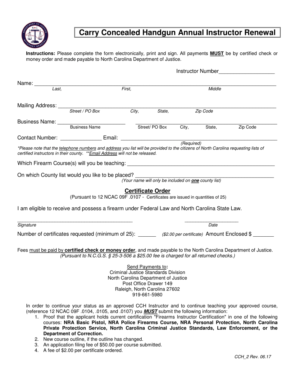 Form CCH-2 Carry Concealed Handgun Annual Instructor Renewal - North Carolina, Page 1