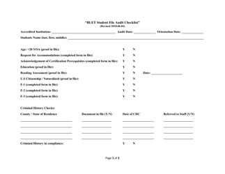 Blet Student File Audit Checklist - North Carolina