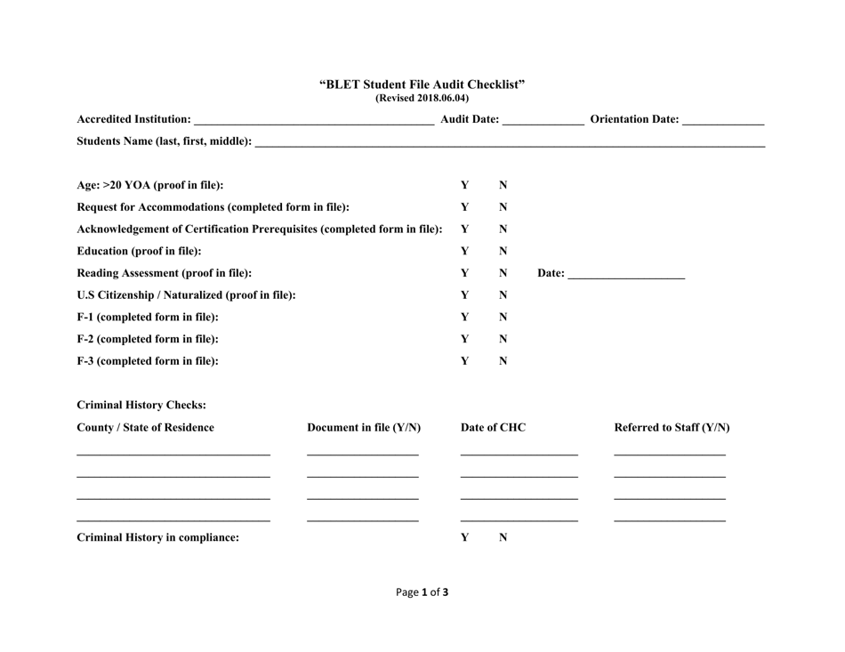 Blet Student File Audit Checklist - North Carolina, Page 1