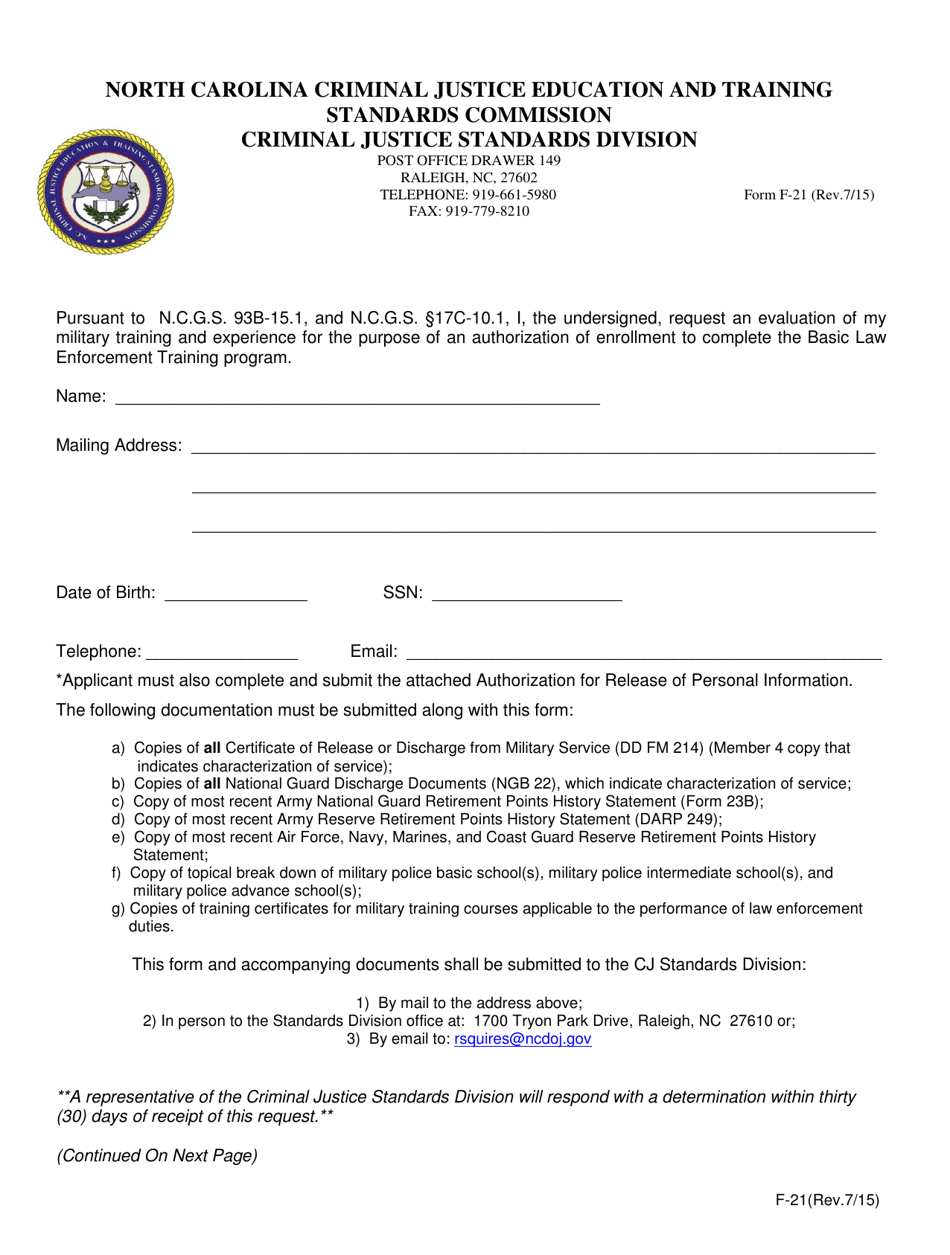 Form F-21 Military Training and Experience Evaluation Form - North Carolina, Page 1