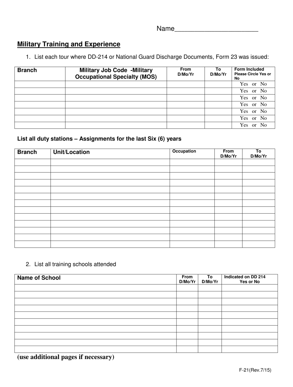 Form F-21 Military Training and Experience Evaluation Form - North Carolina, Page 2