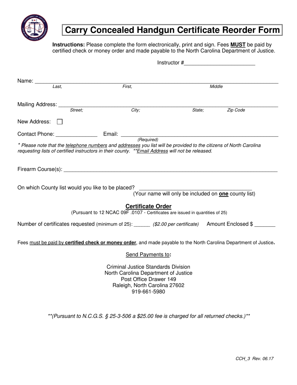Form CCH-3 Carry Concealed Handgun Certificate Reorder Form - North Carolina, Page 1