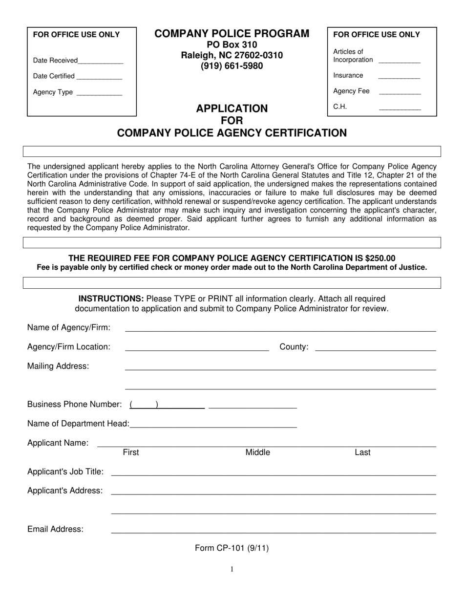Form CP-101 Application for Company Police Agency Certification - North Carolina, Page 1